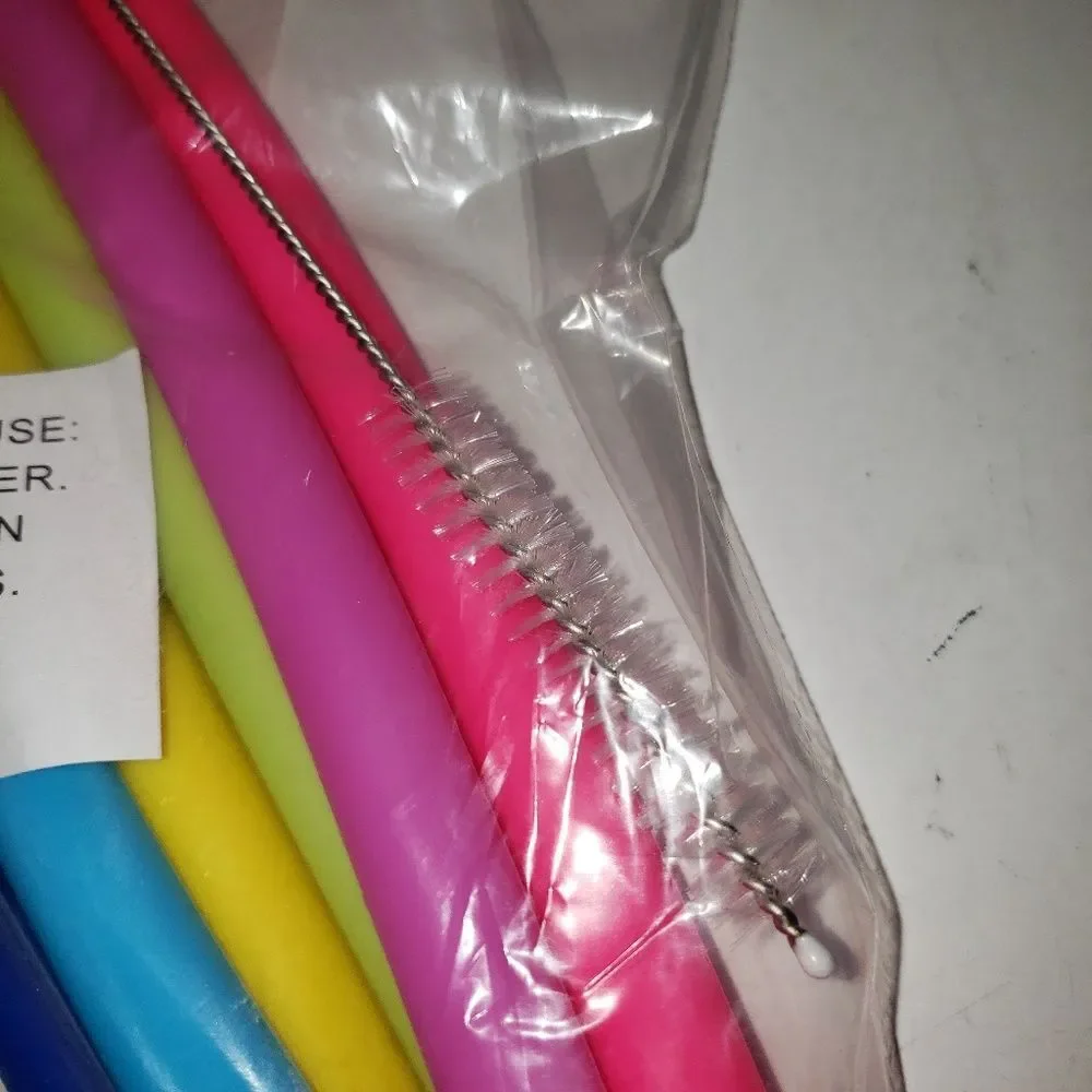 Unbranded Set of 6 Silicone bended reusable straws With Cleaning Brush